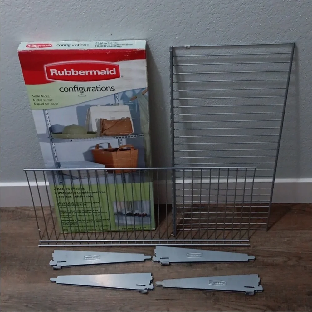Rubbermaid Satin Nickel 2 add on shelves with 4 brackets.